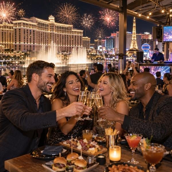 Guests celebrating New Year’s Eve with drinks and Las Vegas Strip fireworks at Beer Park.