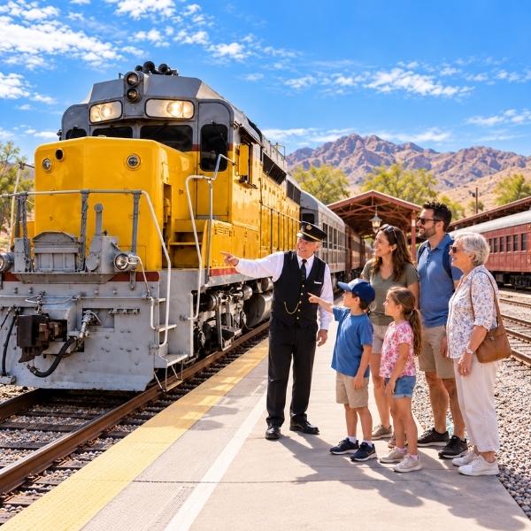 Multigenerational family exploring a historic yellow locomotive with a railroad docent at the Nevada State Railroad Museum in Boulder City.