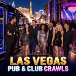 Friends joining a hosted Las Vegas pub and club crawl with a party bus, Strip landmarks, and nightclub experience.