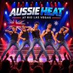 Aussie Heat dancers performing under vibrant red and blue stage lights at Rio Las Vegas.