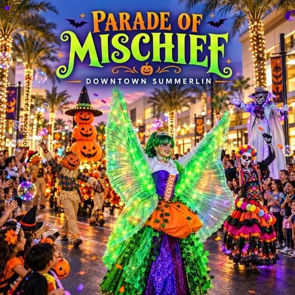 Illuminated costumed performers, pumpkin floats, and families celebrating the Parade of Mischief at Downtown Summerlin.