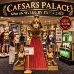 Cleopatra display, vintage casino artifacts, historic photographs, and visitors inside the free Caesars Palace 60th Anniversary Experience.