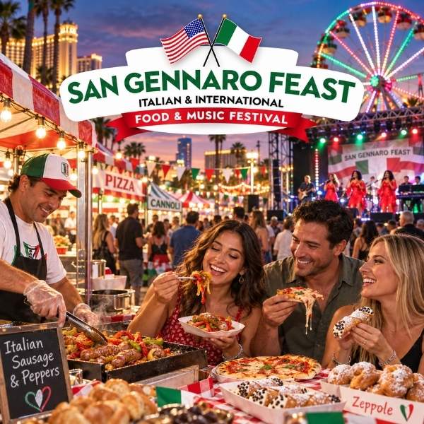 Festivalgoers enjoy Italian food, live music, and carnival rides at the San Gennaro Feast in Las Vegas.