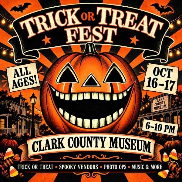 Vintage Halloween poster for Trick or Treat Fest at Clark County Museum featuring a smiling jack-o’-lantern and historic homes.