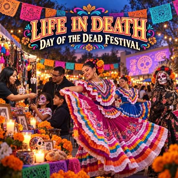 Folklórico dancers, families, marigolds, papel picado, and a traditional altar at the colorful Life in Death Day of the Dead Festival.