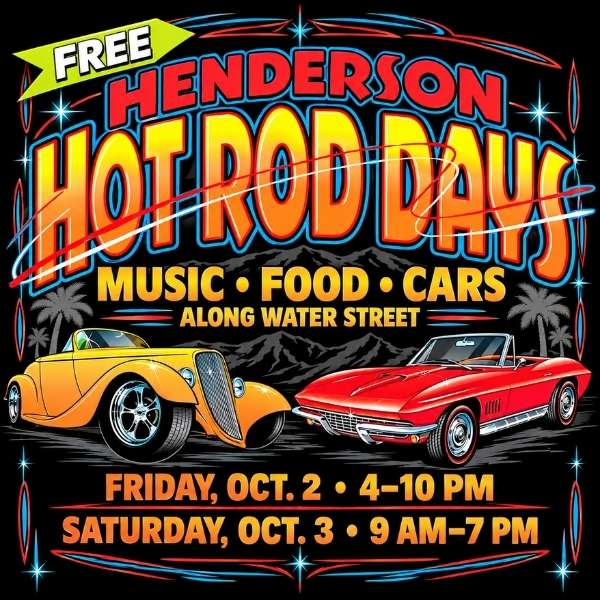 Henderson Hot Rod Days promotional artwork featuring two classic cars, live music, food, and free festivities along Water Street.