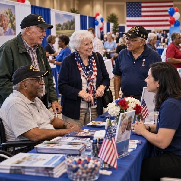 Senior military veterans speaking with a community resource representative at the Living Well Veterans Day Expo in Las Vegas.