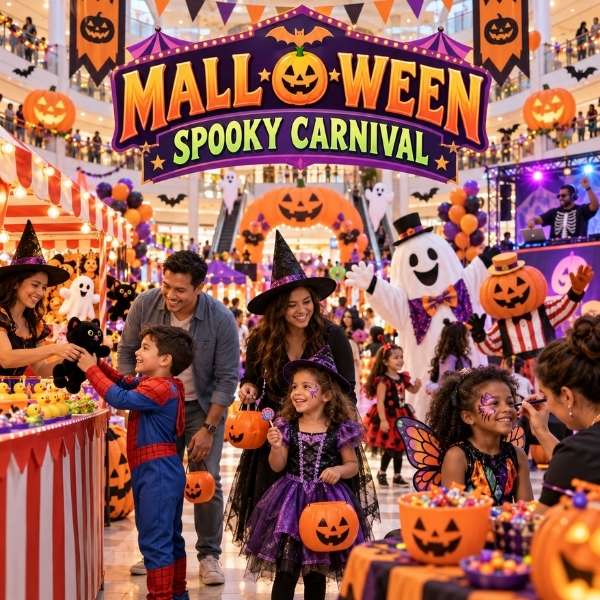 Families celebrating Mall-O-Ween with costumes and carnival activities at Galleria at Sunset.