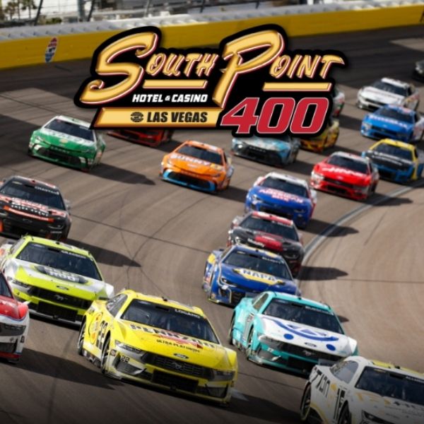NASCAR Cup Series race cars competing in the South Point 400 at Las Vegas Motor Speedway.