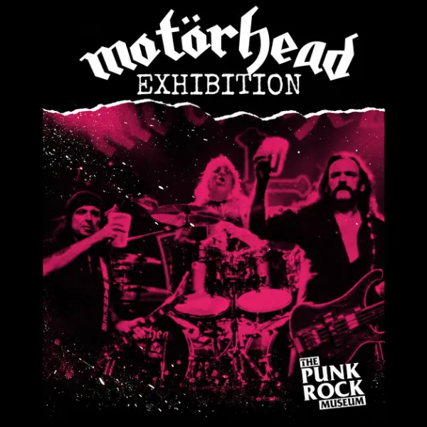 Motörhead Exhibition graphic featuring a magenta-tinted live band photo and The Punk Rock Museum logo in Las Vegas.