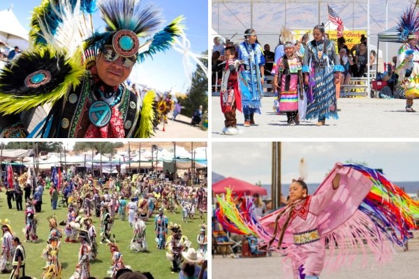 Traditional dancers and singers celebrating at the Las Vegas Paiute Snow Mountain Pow Wow.