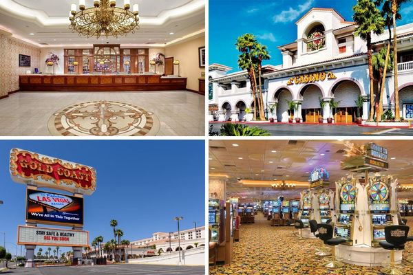 Gold Coast Hotel and Casino lobby, casino floor, exterior, and roadside sign in Las Vegas.