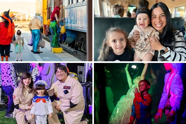 Costumed families riding the Boulder City Halloween Express at the Nevada State Railroad Museum.