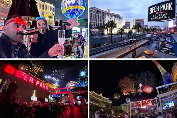 New Year’s Eve party guests watching Las Vegas Strip fireworks from Beer Park at Paris Las Vegas.