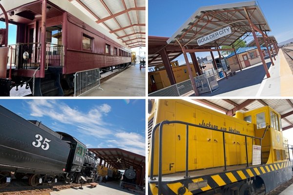 Railroad exhibits and passenger trains at the Boulder City railroad museum.