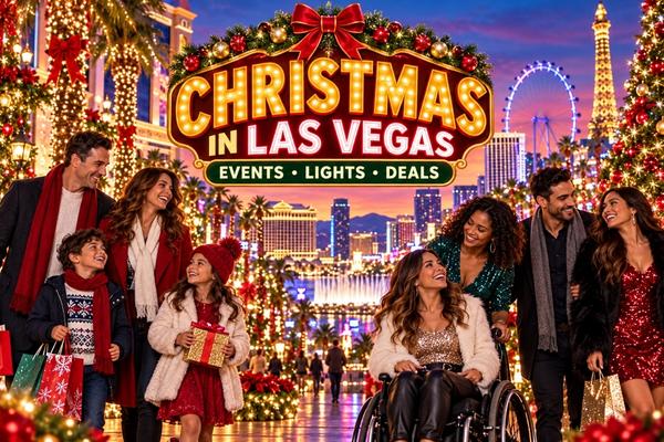 Inclusive families, couples, and a woman using a wheelchair celebrate Christmas among holiday lights overlooking the Las Vegas Strip.