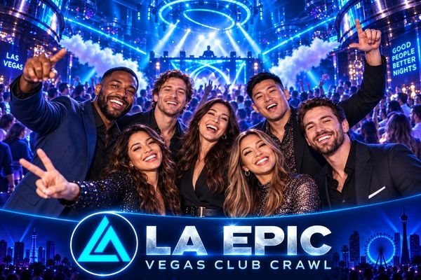 Friends celebrating inside a blue-lit Las Vegas nightclub during the LA Epic Vegas Club Crawl.