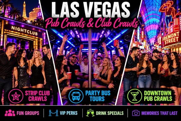 Las Vegas nightlife guide featuring Strip club crawls, party bus tours, and Downtown pub crawls.