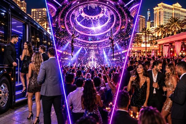 Guests boarding a luxury party bus before enjoying a vibrant Las Vegas nightclub and outdoor nightlife experience.