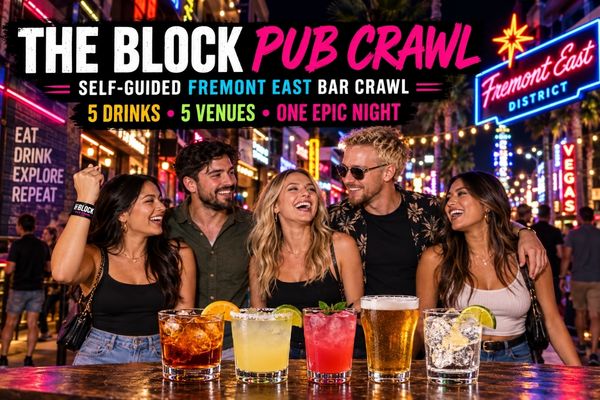 Friends enjoying The Block self-guided Fremont East pub crawl with five drinks at five Downtown Las Vegas venues.