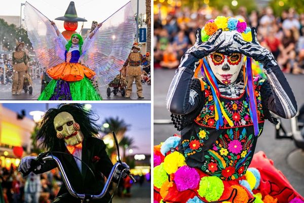 Halloween floats, dancers, and families enjoying the Downtown Summerlin Parade of Mischief