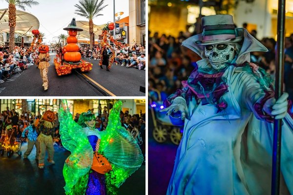 Costumed characters and performers marching in the Parade of Mischief at Downtown Summerlin