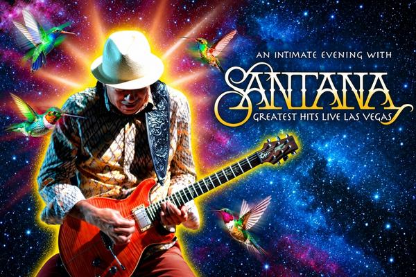 Carlos Santana plays guitar against a colorful cosmic background with hummingbirds and the Greatest Hits Live Las Vegas logo.