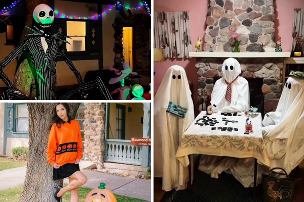 Costumed families trick-or-treating along Heritage Street at Clark County Museum