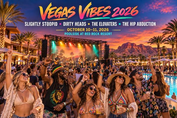 Adult reggae fans enjoy the Vegas Vibes 2026 poolside concert at Red Rock Resort, featuring Slightly Stoopid, Dirty Heads, The Elovaters, and The Hip Abduction.