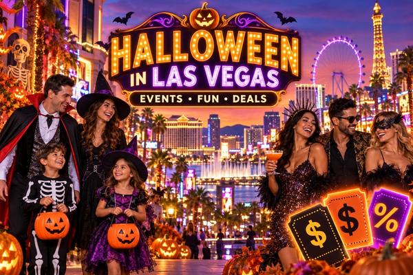 Costumed families and adults celebrate Halloween in Las Vegas amid glowing pumpkins, Strip landmarks and colorful event-deal tickets.