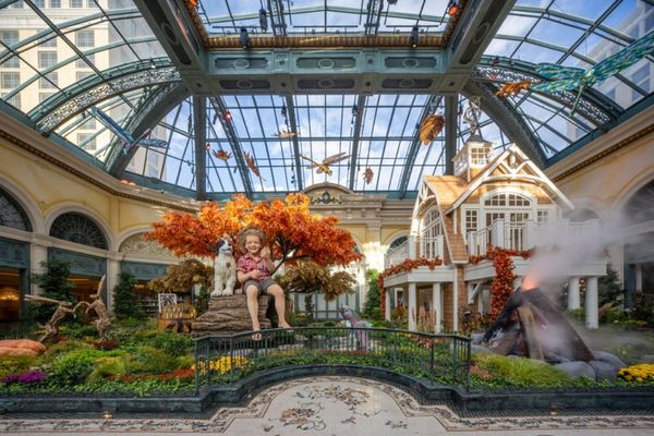 Bellagio Conservatory’s Fall 2026 display with autumn foliage, woodland animals, pumpkins and a pond