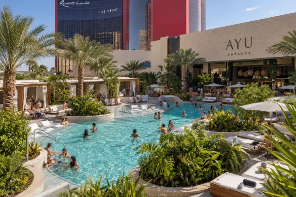 AYU Dayclub pool and cabanas at Resorts World Las Vegas.