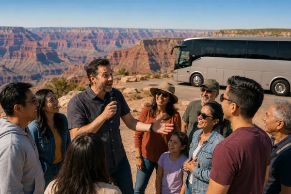 Comedy on Deck comedian guide entertaining tour guests near a coach at Grand Canyon West.