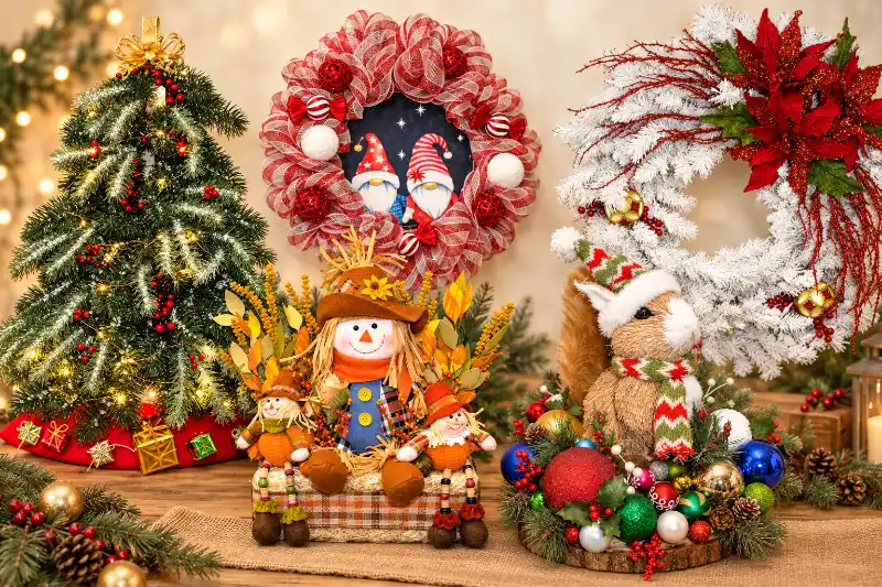 Handcrafted Christmas and fall decorations representing the Children's Service Guild Holiday Craft Boutique in Las Vegas.