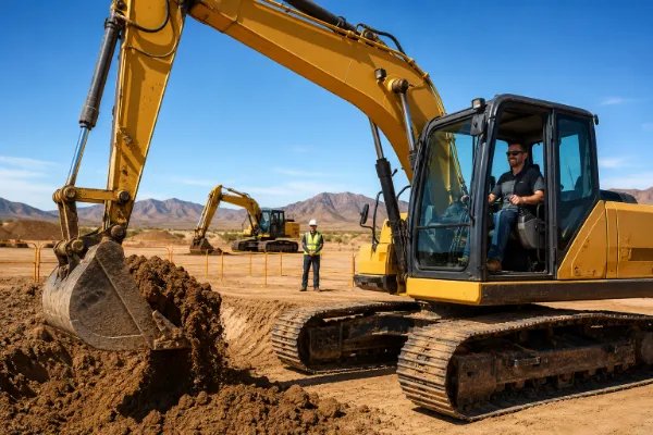 Guest operating a full-size excavator under instructor supervision at the Dig This heavy-equipment playground in Las Vegas.
