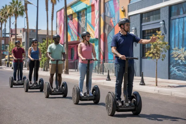 Guests follow a guide on Segways past colorful murals in Downtown Las Vegas.