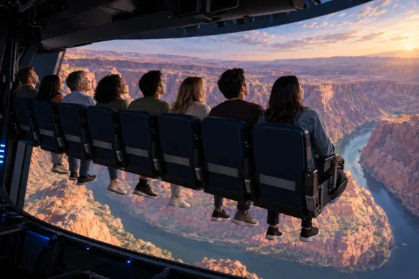 dult riders suspended in front of a curved canyon projection inside the Flyover flying theater in Las Vegas.