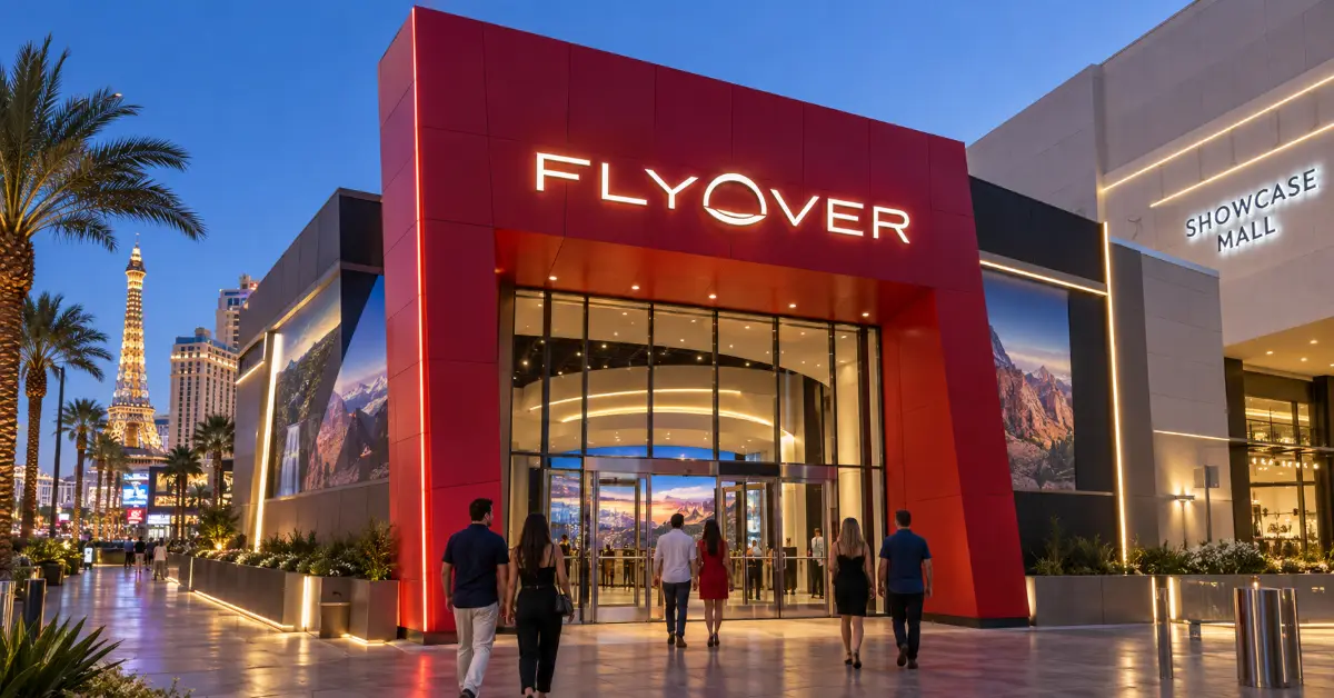 The illuminated red entrance to Flyover in Las Vegas at Showcase Mall