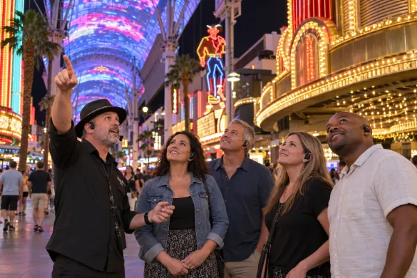 Adult visitors following a guide beneath the illuminated Fremont Street canopy during an evening walking tour.