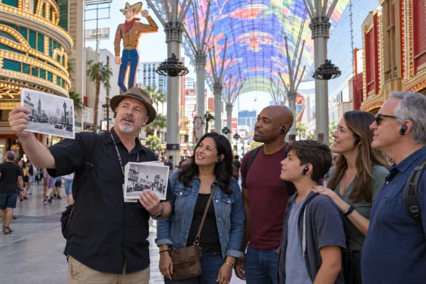 A guide shows vintage photographs to visitors during a daytime walking tour beneath the Fremont Street canopy in Downtown Las Vegas.