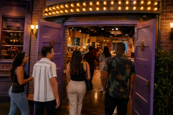 Visitors enter a colorful sitcom-inspired attraction at The FRIENDS Experience Las Vegas.