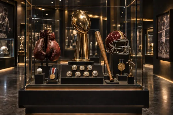 Championship rings, a football helmet, trophy, boxing gloves, baseball bat, and other sports memorabilia displayed in an elegant museum gallery.