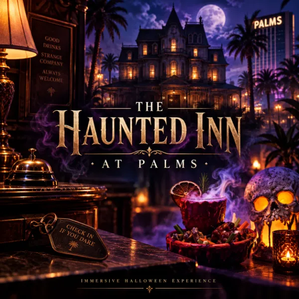 The Haunted Inn at Palms Casino Resort with a spooky hotel setting, theatrical cocktails, Halloween décor, and glowing haunted details.