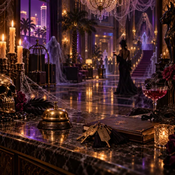 The Haunted Inn at Palms Casino Resort with a spooky luxury hotel lobby, ghosts, candles, cocktails, and Halloween décor.