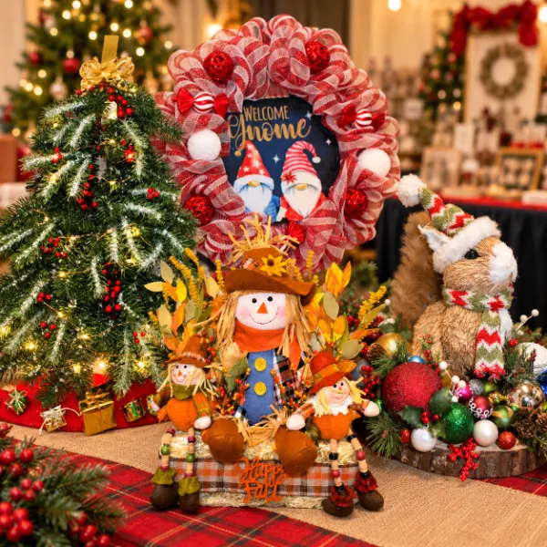 Handcrafted Christmas and fall decorations representing the Children's Service Guild Holiday Craft Boutique in Las Vegas.