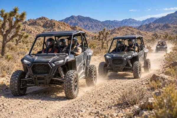 Two multi-seat RZR vehicles carry helmeted and securely restrained guests across rugged Mojave Desert trails near Las Vegas.