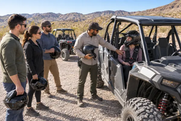 A professional guide explains the safety harness during a pre-tour RZR briefing in the Mojave Desert near Las Vegas.