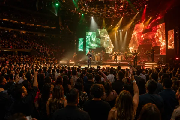 Crowd enjoying a Latin music arena concert during Mexican Independence Day Weekend in Las Vegas