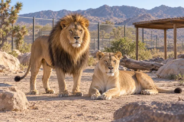 An adult male lion and lioness rest together in a spacious desert habitat at Lion Habitat Ranch in Henderson, Nevada.