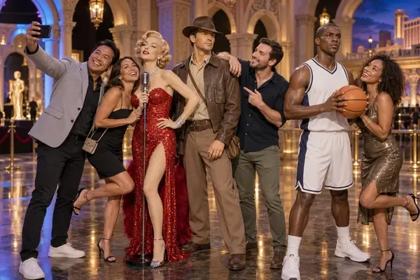 Visitors pose with lifelike wax entertainment figures inside an interactive Las Vegas museum gallery.
